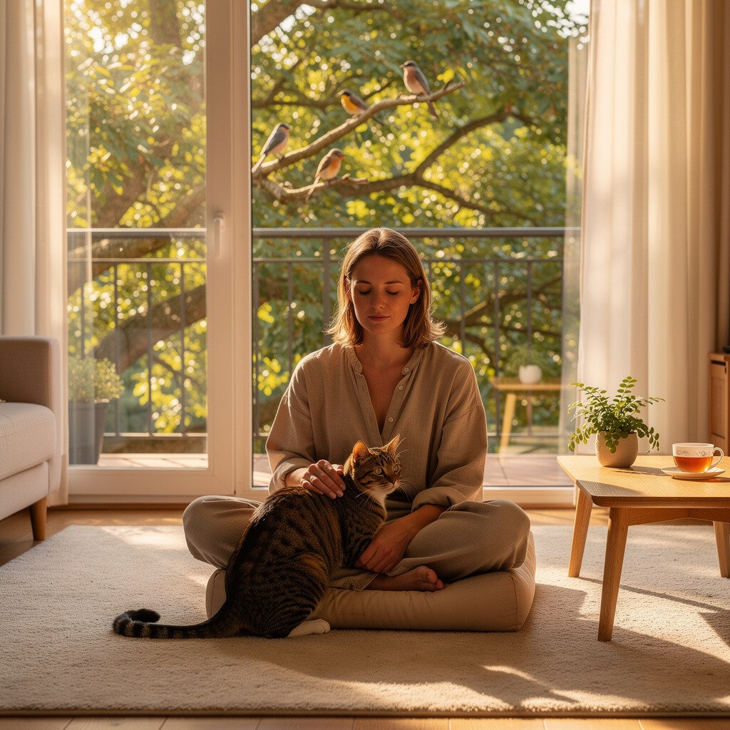 woman cat love's meditation