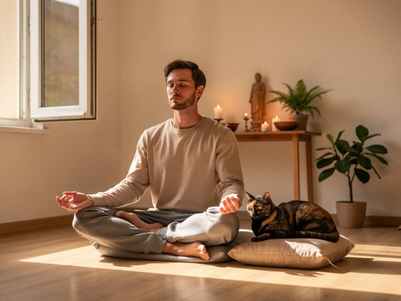 cat meditating with his friend