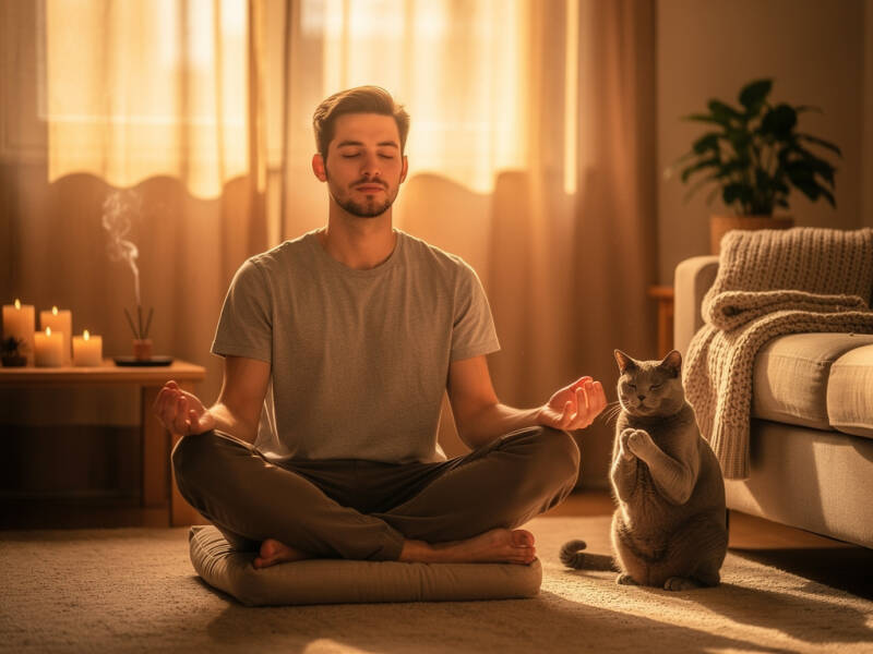 A young man meditating peacefully at home with his cat beside him, creating a spiritual connection during a sophrology session, evoking calm and mindfulness.