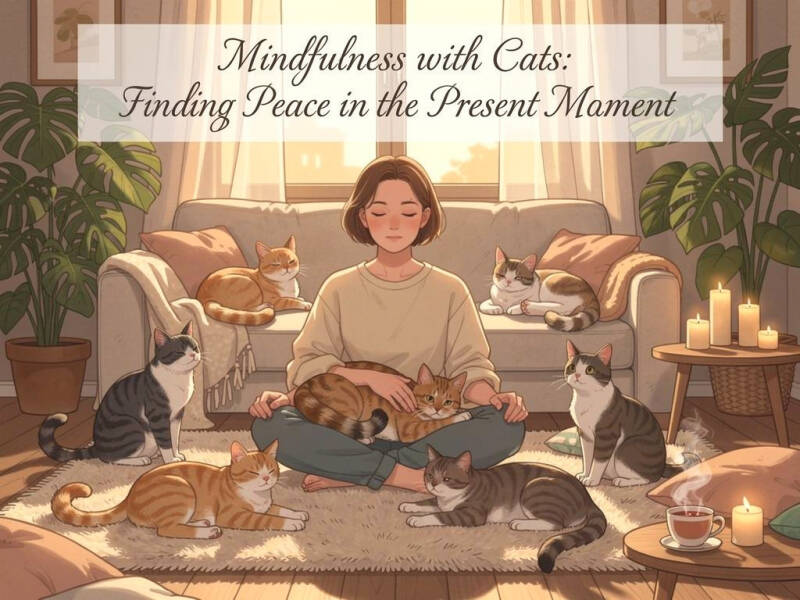 Person meditating mindfully surrounded by peaceful cats in a cozy, candlelit room, embodying spiritual connection and present-moment awareness.