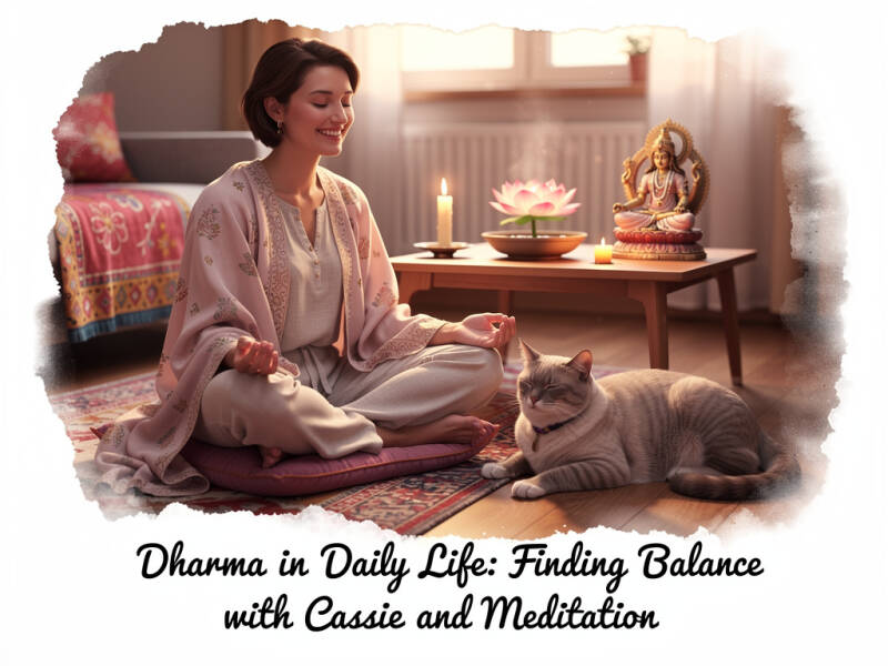 A meditative moment with Cassie: a person and a grey cat find balance through Dharma, surrounded by lotus flowers, a Shiva statue, and the soft glow of evening serenity.