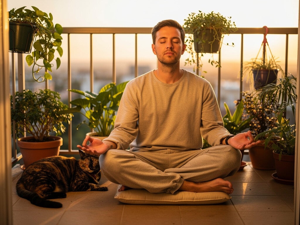 cat man meditation peace