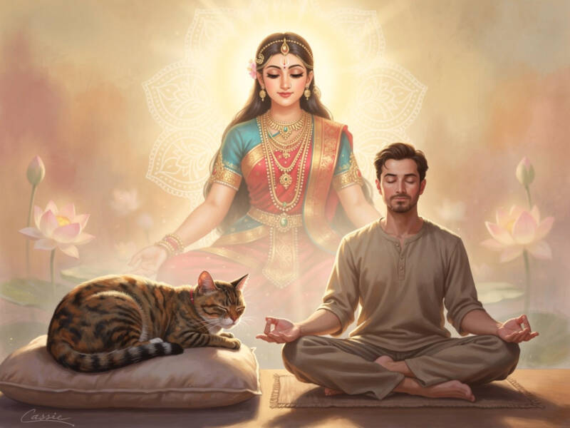 A tortoiseshell cat named Cassie rests peacefully beside a meditating man, both bathed in the protective light of Hindu goddess Parvati, symbolizing spiritual connection and divine guidance.