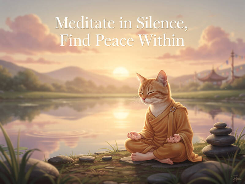 Chat méditant au lever du soleil avec texte : 'Meditate in Silence, Find Peace Within'. Illustration bouddhiste de pleine conscience.