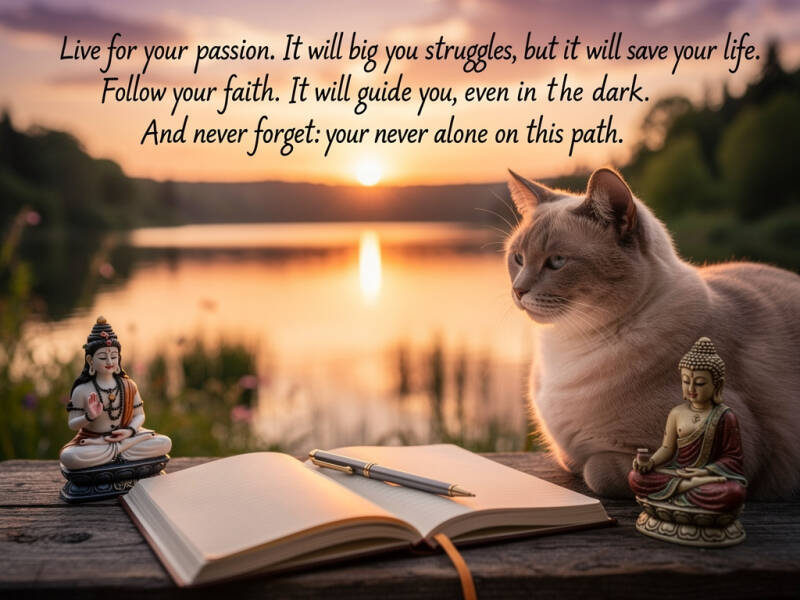 Sunset scene with an open journal, Shiva and Buddha figurines, and a peaceful cat. Inspirational quote: 'Live for your passion. It will save your life. Follow your faith. You are never alone.