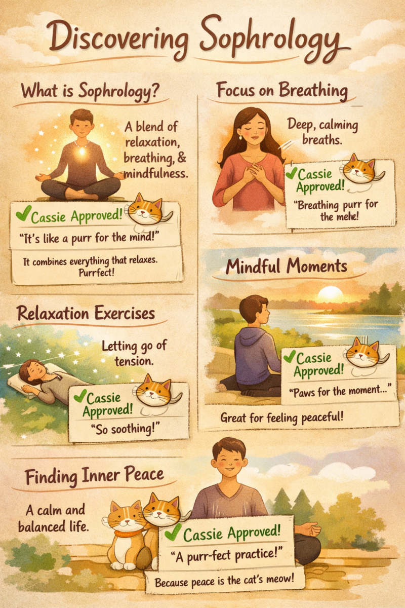 Illustration infographic titled “Discovering Sophrology” showing calm breathing, relaxation exercises, mindful moments, and inner peace, with Cassie the cat saying “Cassie Approved!” in each section.