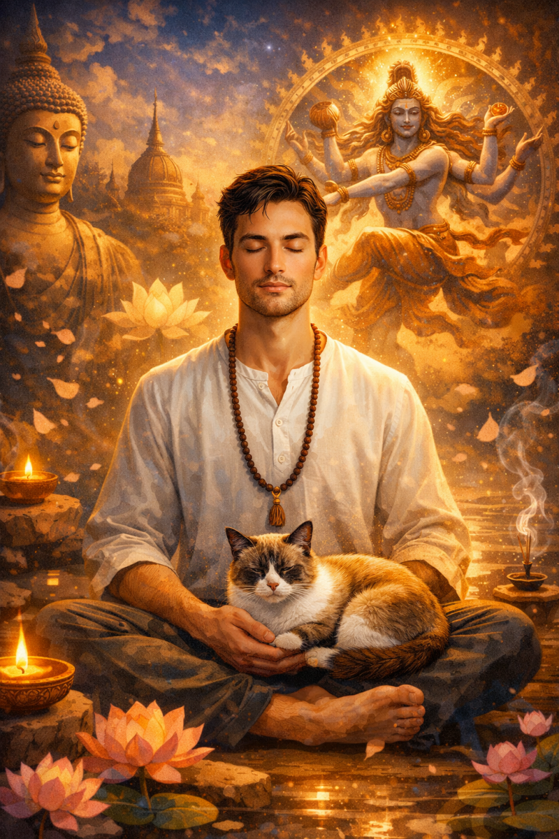 A peaceful man meditates cross-legged with his cat Cassie resting on his lap, surrounded by glowing lotus flowers, incense smoke, and spiritual symbols of Buddha and Shiva in a warm golden light.