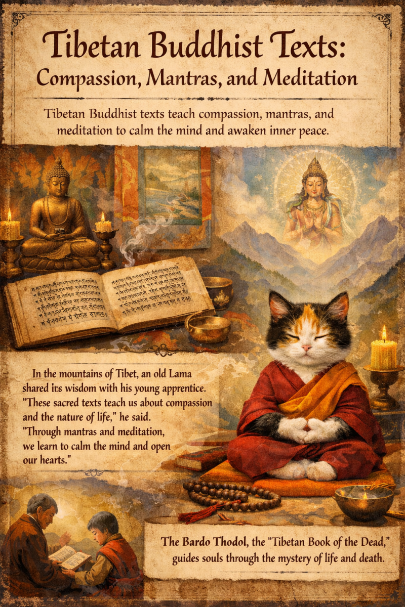 A Tibetan-inspired spiritual illustration showing an open Buddhist manuscript, candles, a serene Buddha and Bodhisattva, and a meditating cat dressed like a monk, symbolizing compassion, mantras, and meditation for inner peace.