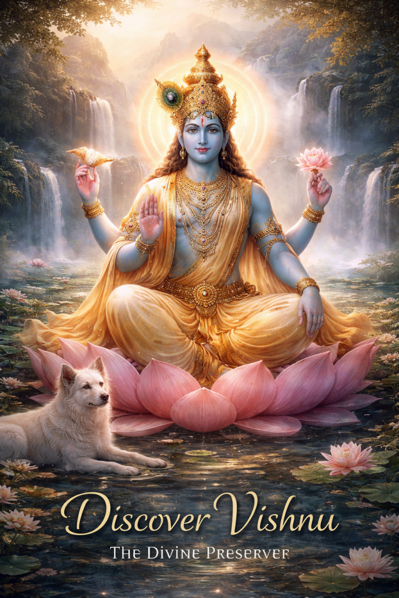 A serene digital artwork of Lord Vishnu sitting on a large pink lotus in a calm lake, surrounded by waterfalls and misty mountains, holding sacred symbols with a glowing golden aura behind him.