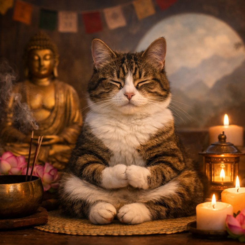 A peaceful tabby cat meditating with closed eyes in a warm Buddhist altar setting, surrounded by candles, incense, and a Buddha statue.