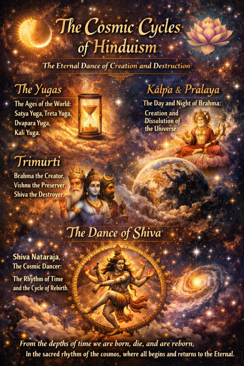 The Cosmic Cycles of Hinduism” showing the Yugas, Kalpa and Pralaya, the Trimurti, and Shiva Nataraja dancing in a starry cosmic universe with golden and purple tones.