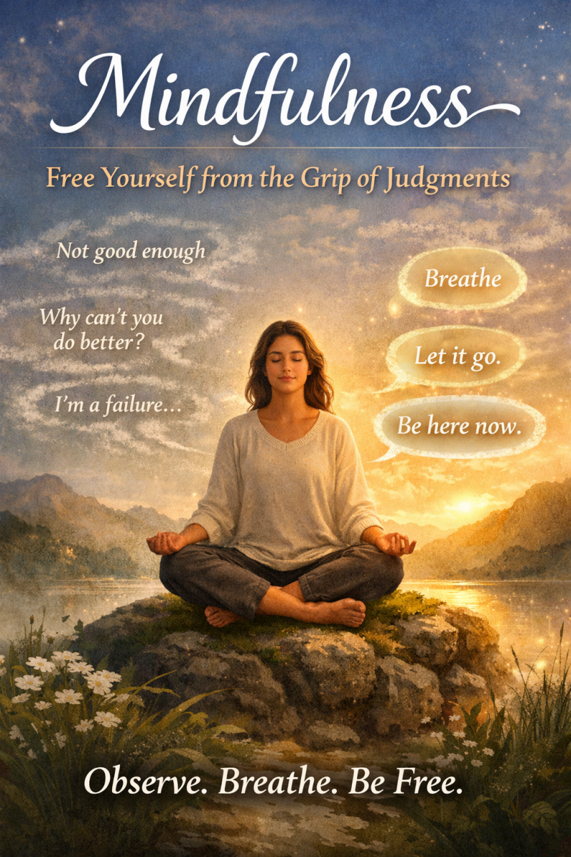 A calm woman meditating at sunset in a peaceful mountain landscape, with the title “Mindfulness: Free Yourself from the Grip of Judgments” and gentle reminders like “Breathe,” “Let it go,” and “Be here now.”