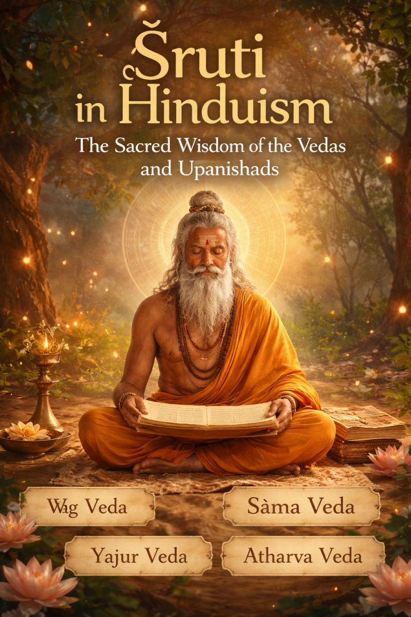Hindu sage meditating with ancient manuscript, titled ‘Śruti in Hinduism’, with the four Vedas listed.
