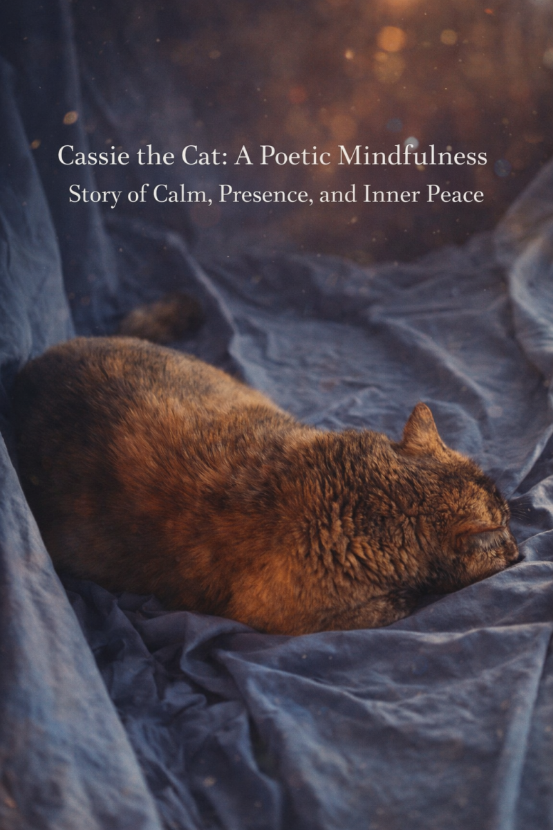 A cozy tortoiseshell cat named Cassie rests peacefully on soft blue fabric under warm light, with a calm mindfulness quote overlay about presence and inner peace.