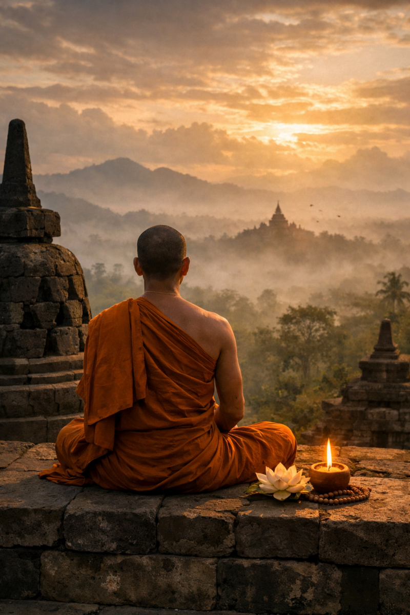 Buddhist monk meditating at sunrise on an ancient stone temple, overlooking a misty valley with a distant pagoda, a lit candle, and a lotus flower.