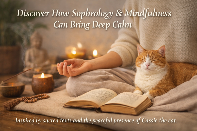 A calm meditation scene with a person sitting peacefully beside Cassie the cat, candles and a Buddha statue in the background, with text about sophrology and mindfulness bringing deep calm.