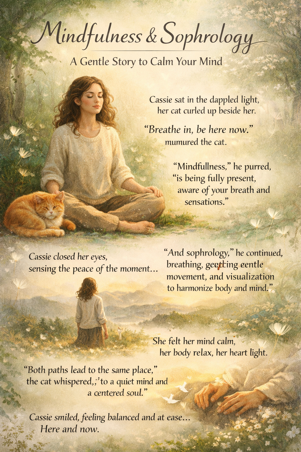 A soft, dreamy illustration of a woman meditating outdoors with her cat beside her, featuring the title “Mindfulness & Sophrology” and calming quotes about breathing, presence, relaxation, and inner peace in warm beige and green tones.