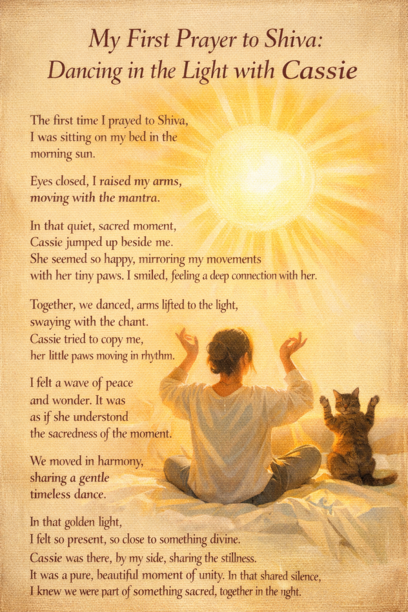 Person praying to Shiva on a bed in warm morning sunlight, arms raised in a calm sacred dance, with a joyful cat beside them sharing a peaceful mindfulness moment.