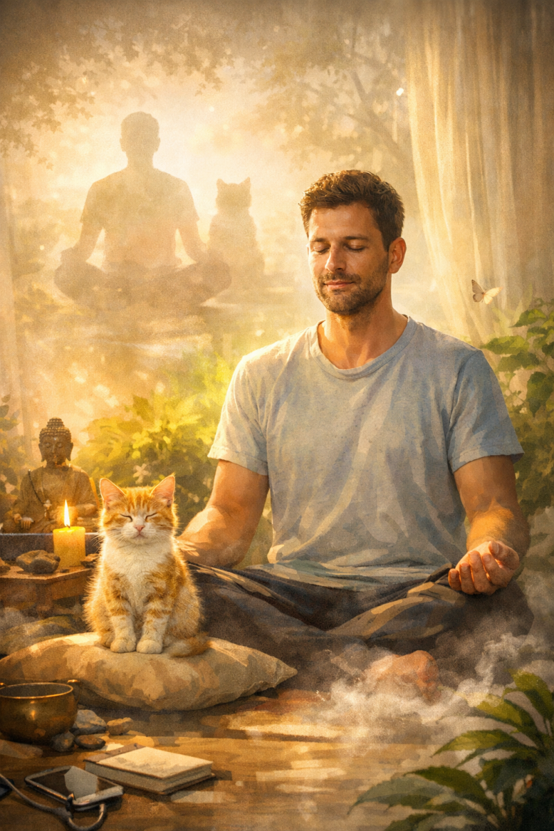 Mindfulness meditation scene with a man practicing conscious breathing alongside a calm cat, symbolizing inner peace, presence, and gentle awareness.