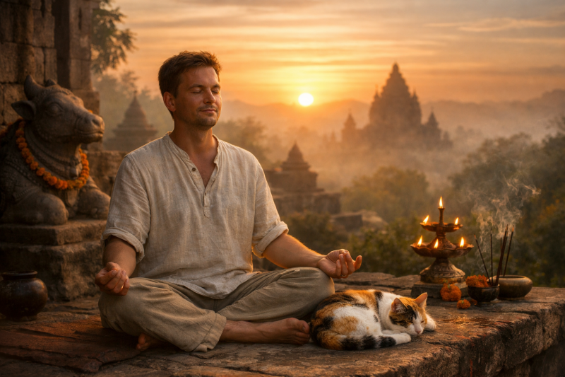 A man meditating peacefully with his cat beside him at sunrise in a Hindu temple, symbolizing mindfulness, breath awareness, and living spirituality.