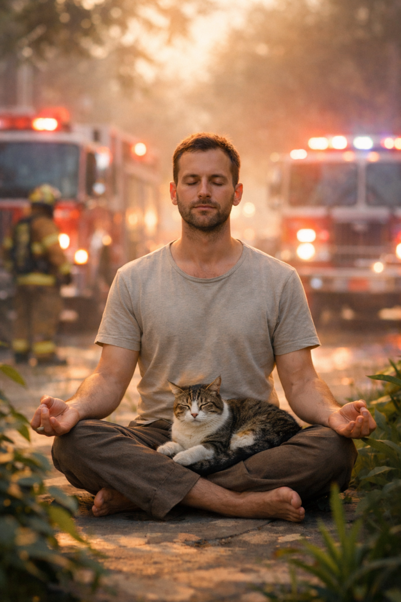 Calm man meditating with a cat on his lap while fire trucks and sirens blur in the background, symbolizing inner silence, mindfulness, and peace during noise and anxiety.