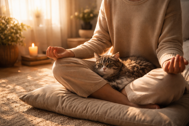 Person practicing sophrology breathing in a calm, warm room with a relaxed cat resting on their lap, symbolizing mindfulness, deep relaxation, and gentle nasal breathing.