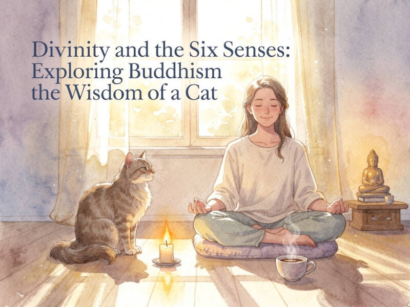 Person meditating with a cat in a peaceful setting, illustrating Buddhism and the six senses.