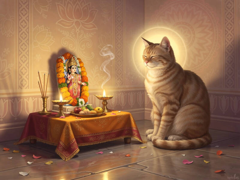 A tabby cat meditates beside a Hindu altar dedicated to Goddess Shashthi, embodying spiritual connection and sacred tranquility.