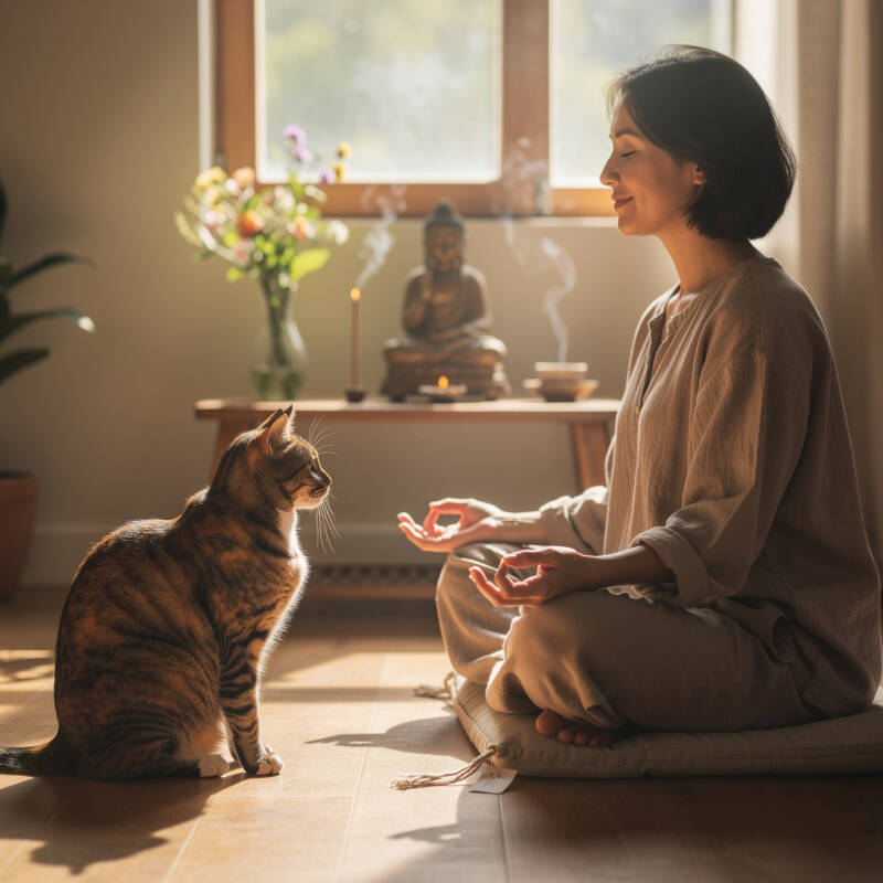 woman cat meditation peace