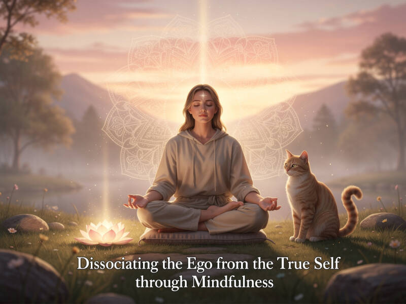 A peaceful illustration of a person meditating in nature with a cat, representing the practice of dissociating the ego from the True Self through mindfulness, set against warm sunrise colors and spiritual symbols like a lotus and mandala.