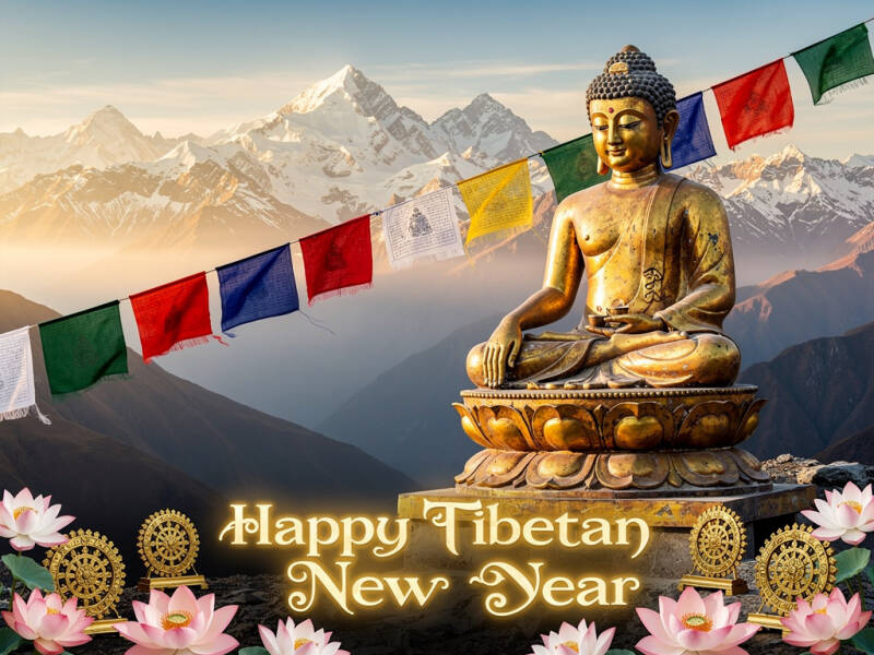 Happy Tibetan New Year greeting with Buddha statue, prayer flags, and Himalayan mountains – Losar celebration