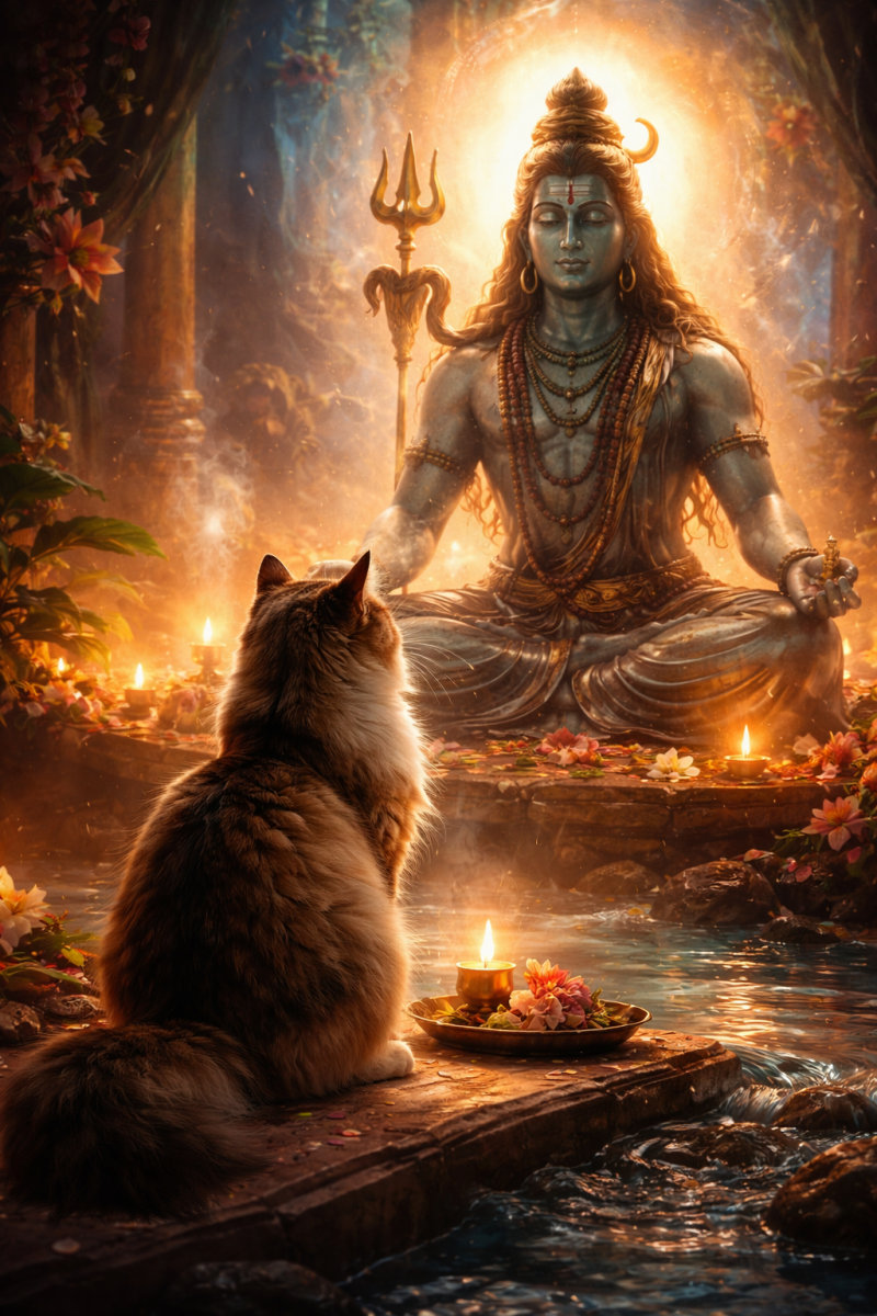 A calm cat sits near water and candles, gazing at Lord Shiva in meditation inside a warm, glowing temple. 🐾🕉️✨
