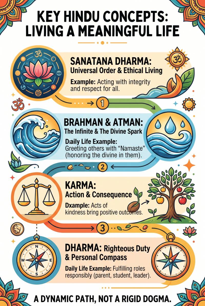 Infographic summarizing 4 key concepts of Hinduism (Sanatana Dharma, Brahman & Atman, Karma, Dharma) with illustrations and everyday examples.
