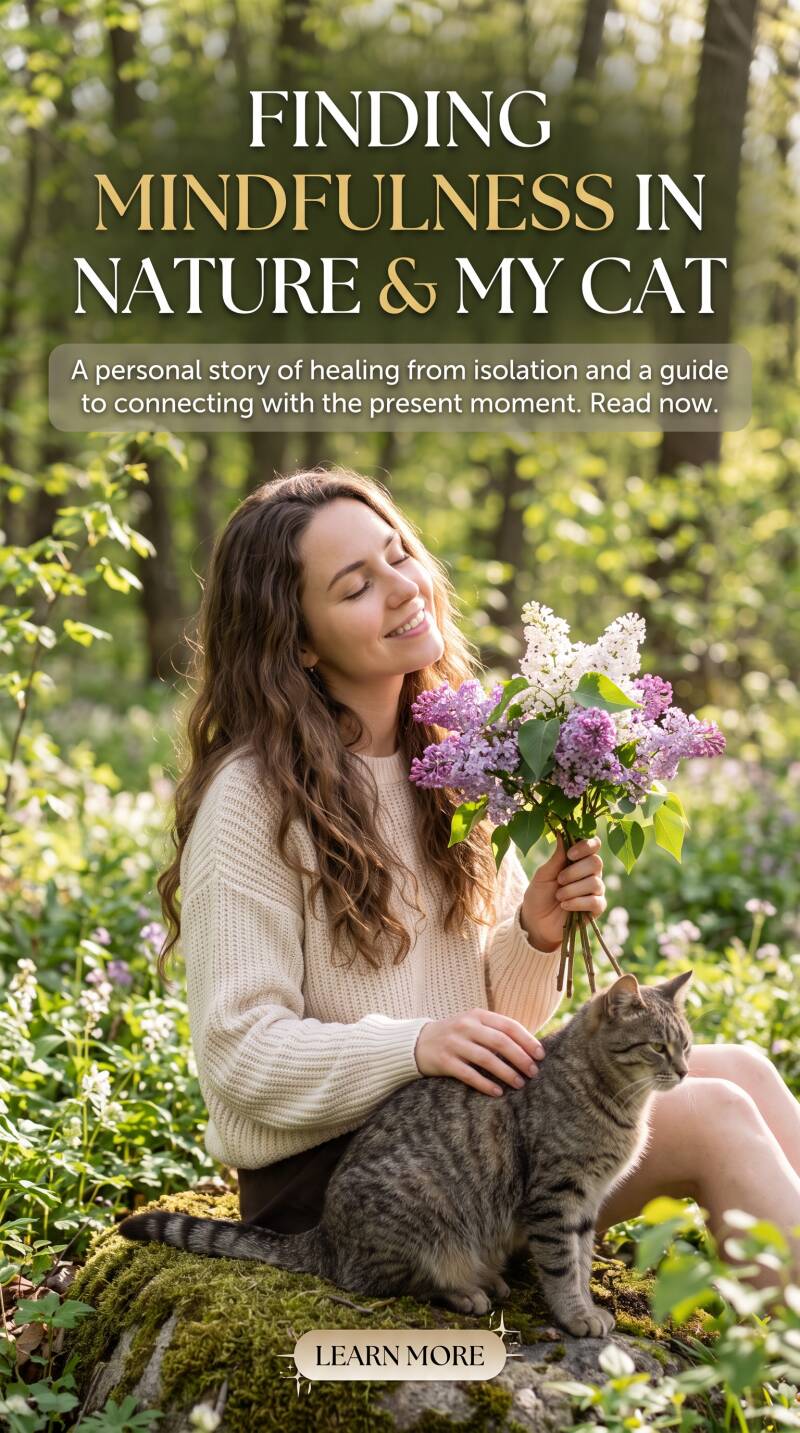 Serene woman in the forest with lilacs and her cat, Pinterest style