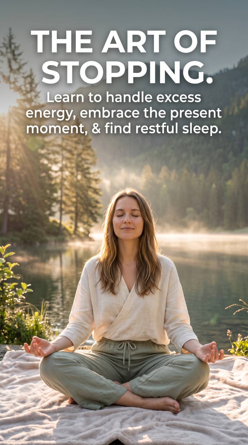 A serene woman meditating in a cross-legged position on a blanket by a calm, misty lake with mountains in the background during a soft sunrise. Text overlay at the top reads: "THE ART OF STOPPING. Learn to handle excess energy, embrace the present moment,