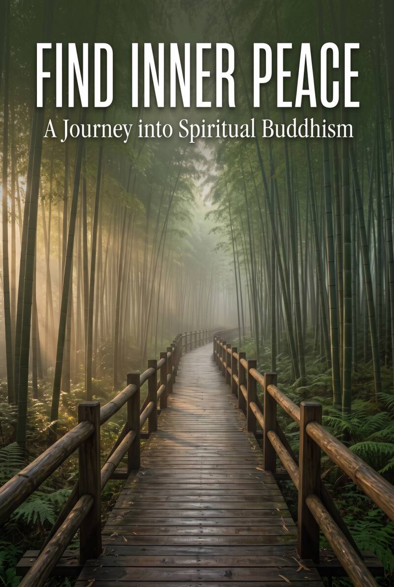 Vertical Pinterest pin featuring a wooden pathway winding through a serene green bamboo forest with soft sunlight, text overlay reads: "FIND INNER PEACE - A Journey into Spiritual Buddhism