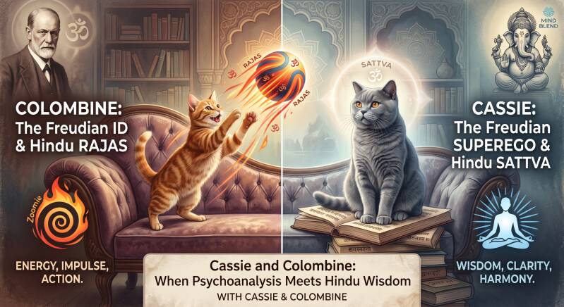 A split-screen educational infographic titled "Cassie and Colombine: When Psychoanalysis Meets Hindu Wisdom". On the left, a ginger tabby cat named Colombine jumps playfully on a leather couch, representing the Freudian Id and Hindu Rajas energy with keyw