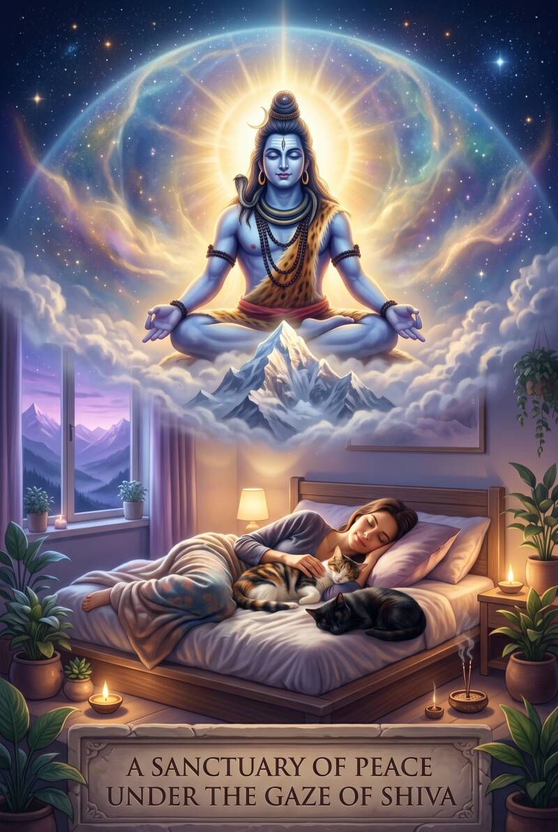 A serene bedroom where a woman sleeps peacefully with two cats on her bed, under a mystical astral vision of Lord Shiva meditating in the sky.