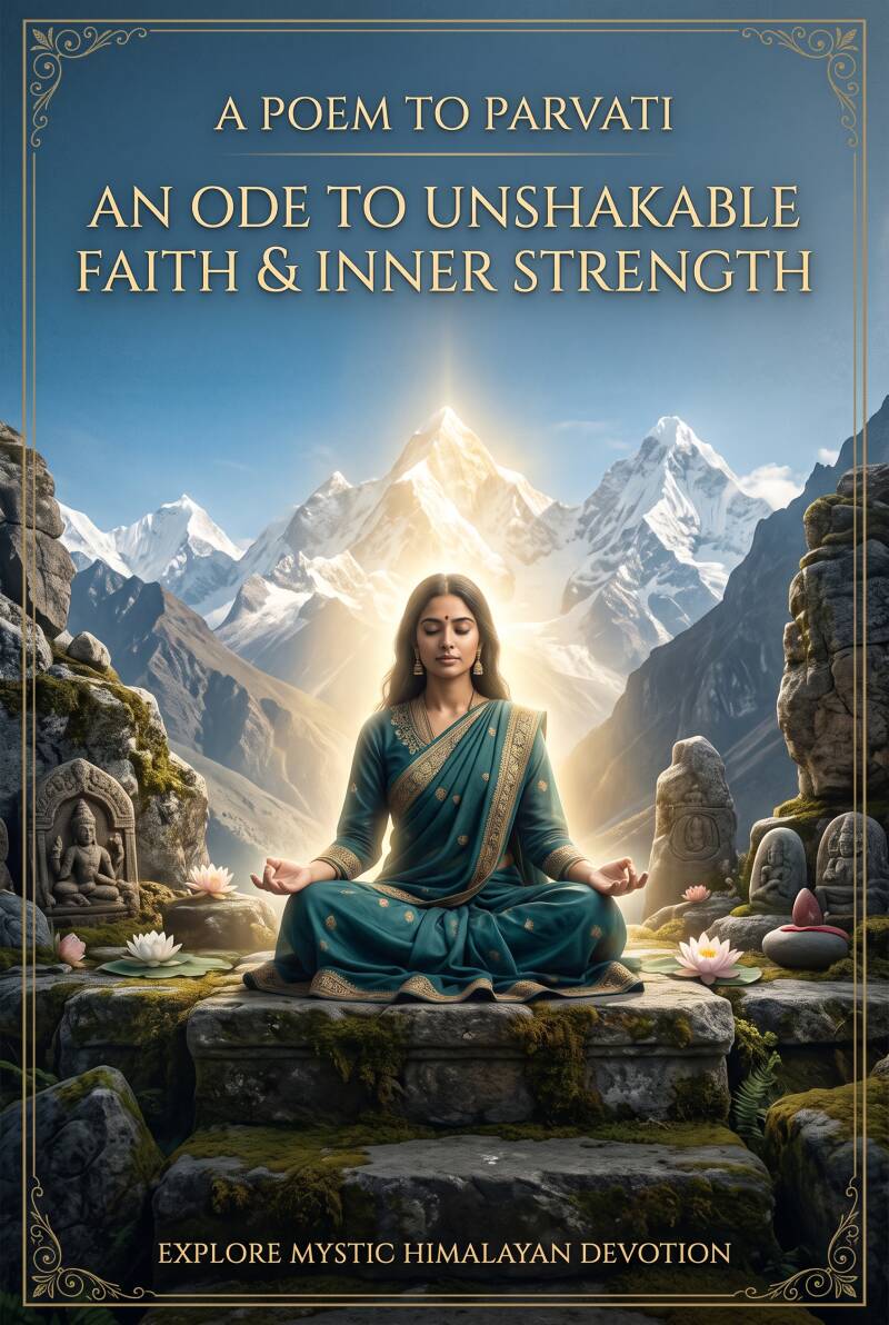 Woman representing Goddess Parvati meditating in the Himalayas with glowing mountain peaks. Text reads: "A Poem to Parvati".