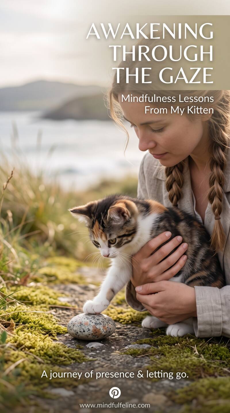 A young woman with braided hair holds a small calico kitten in her arms outdoors. The kitten gently places its paw on a smooth sea stone on the mossy ground. Text overlay reads "Awakening Through the Gaze"
