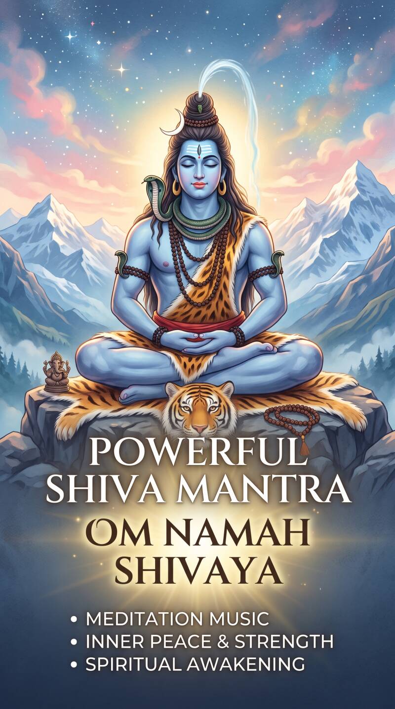Shiva meditating in the Himalayas with the text "Powerful Shiva Mantra - Om Namah Shivaya" for meditation music and spiritual awakening.