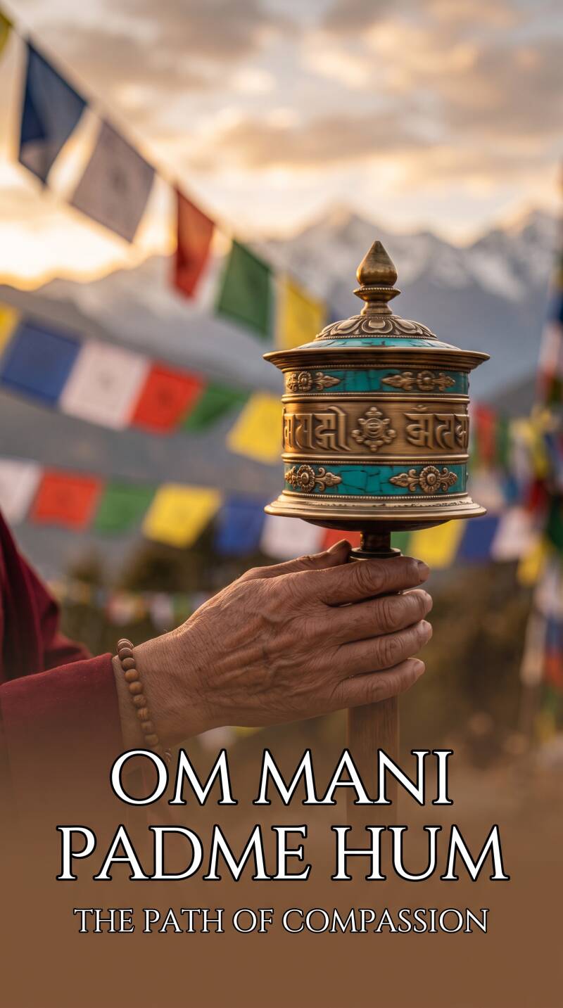 A hand spinning a Buddhist prayer wheel in front of Tibetan prayer flags and the Himalayan mountains.