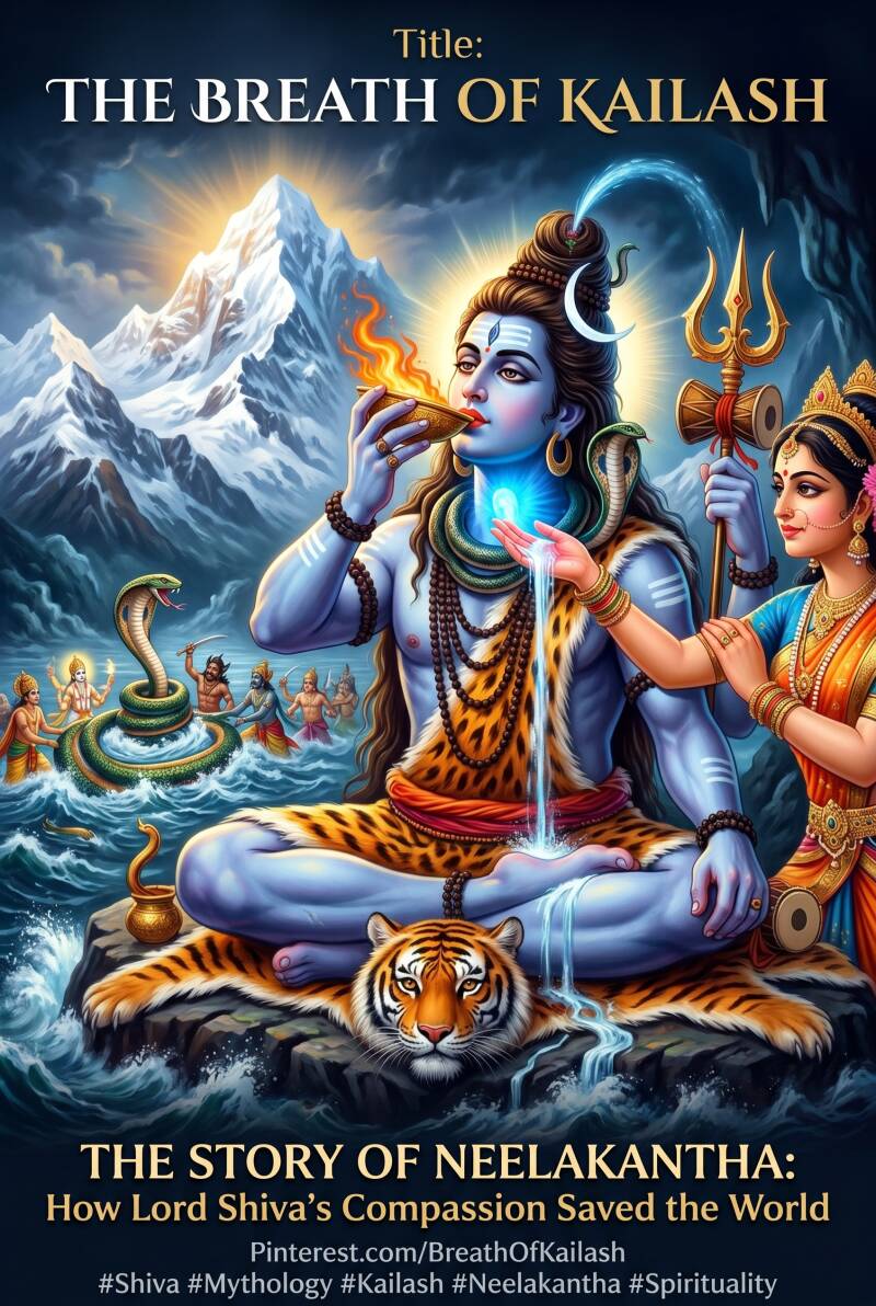 A Pinterest graphic showing Lord Shiva drinking the world's poison to save the universe, with Goddess Parvati beside him. In the background, Mount Kailash and the churning of the ocean are visible.