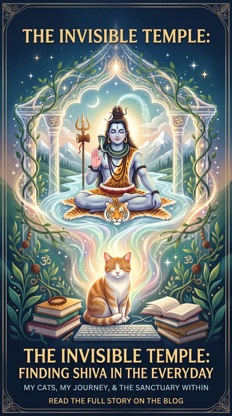 Lord Shiva meditating above a peaceful ginger cat by a computer keyboard. Text: "The Invisible Temple: Finding Shiva in the Everyday.