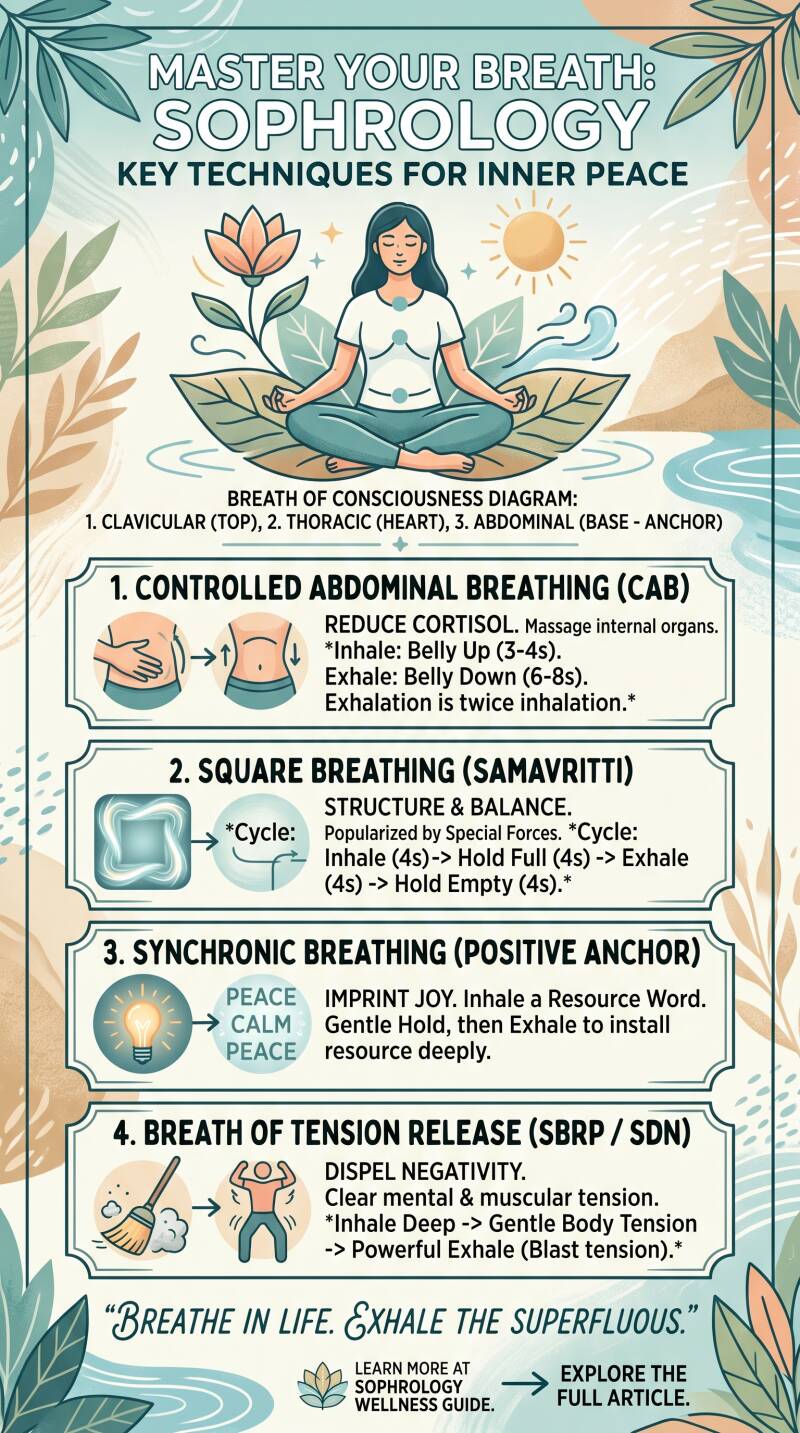 nfographic "Master Your Breath: Sophrology" showing a meditating woman and 4 step-by-step breathing techniques for stress relief.