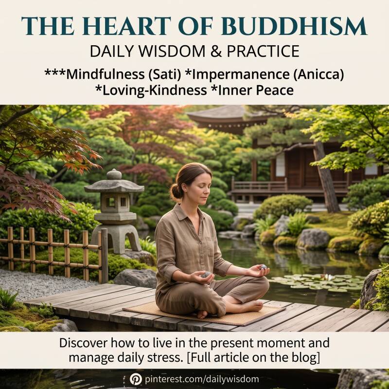 Woman meditating by a pond in a peaceful garden, text reading "The Heart of Buddhism: Daily Wisdom & Practice".