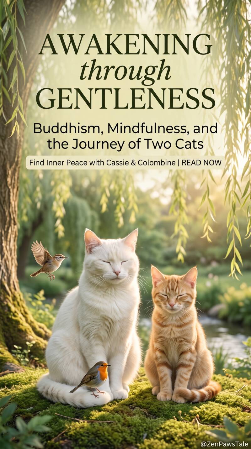 Two cats, one white and one ginger, peacefully meditating with closed eyes under a weeping willow tree with small birds. Text: Awakening through Gentleness.