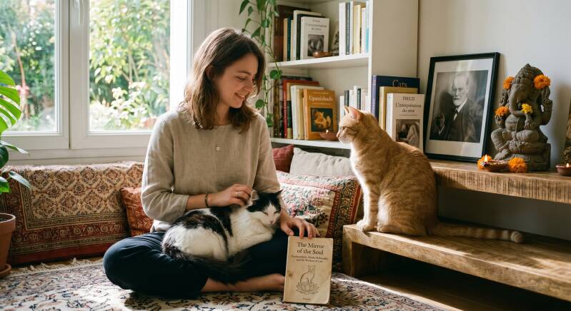 A woman sitting cross-legged in a serene living room, petting a black and white cat on her lap while a ginger cat looks at her. In the background, a bookshelf with philosophy books, a portrait of Sigmund Freud, and a small Ganesha statue adorned with oran