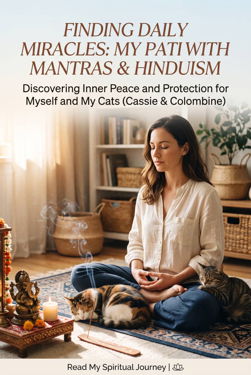 A woman meditating cross-legged on a rug with her two cats sleeping peacefully beside her, near a small altar with a Ganesha statue, a candle, and burning incense. At the top, text in English reads: "Finding Daily Miracles: My Path with Mantras & Hinduism