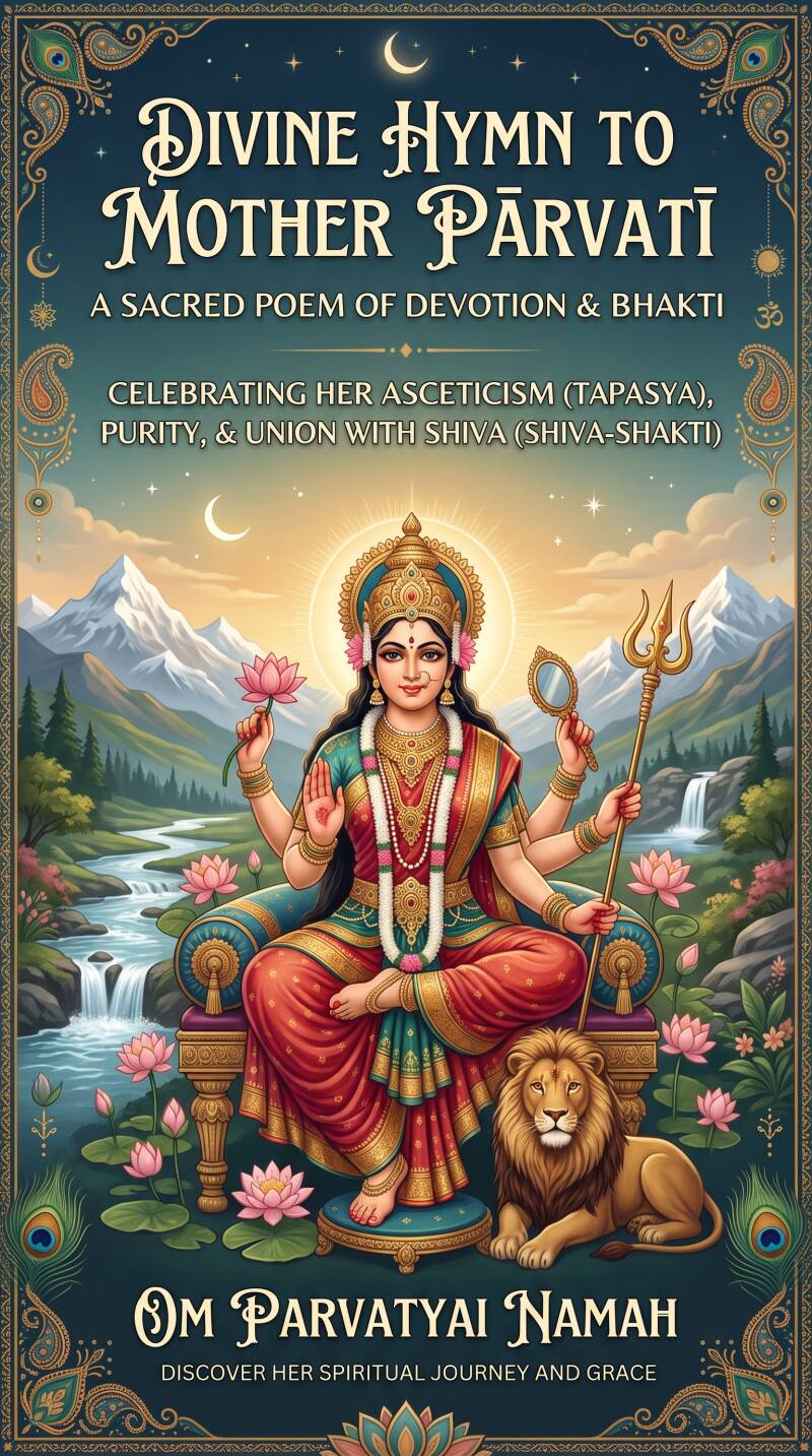 Pinterest graphic of Hindu Goddess Pārvatī in a serene Himalayan landscape with a lion, featuring the text "Divine Hymn to Mother Pārvatī"
